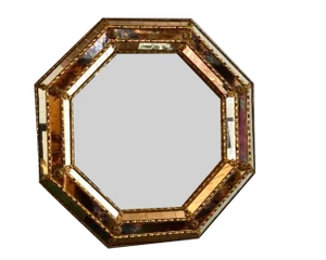 Vintage Wooden and Bronze Wall Octagonal Mirrors, Set of 2