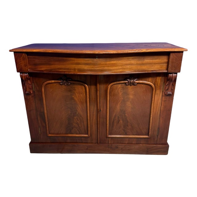 Antique Victorian Carved Flame Mahogany Sideboard For Sale