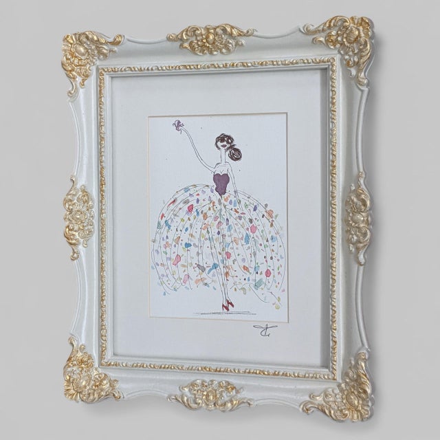 An Original Watercolor Figurative Painting of a Fashion forward Woman Encased in a White and Gold Ornate Picture Frame...