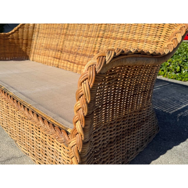 Late 20th Century Vintage 72” Handwoven Rattan Sofa With Large Braid Trim For Sale - Image 5 of 12