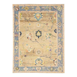 Modern Tan Oushak Handmade Multicolor Floral Motif Wool Rug For Sale