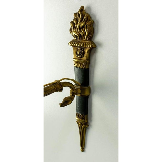 1960s Empire Deep Green Sconces with Torch and Swan, France, 1960s, Set of 2 For Sale - Image 5 of 14