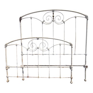 1930s Vintage French Country Shabby Chic Cast Iron White Full Headboard & Footboard - Set of 2 For Sale