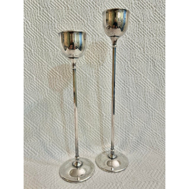 Mid-Century Modern Vintage 1970’s Italian Silver Plate Tall Candleholders With a Set of 12 Candles For Sale - Image 3 of 9