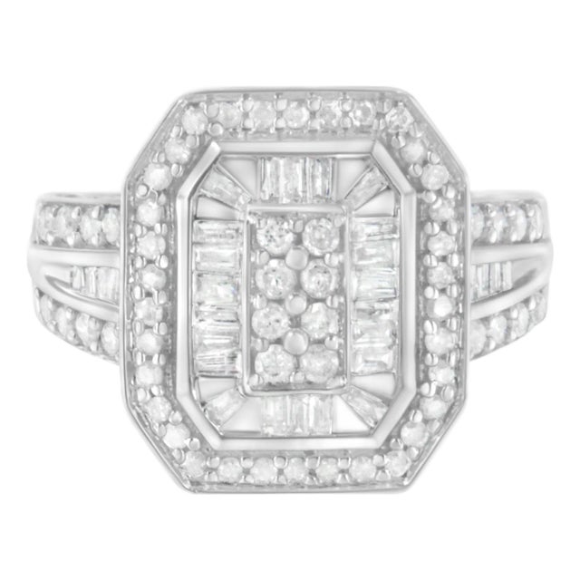 .925 Sterling Silver Round and Baguette Diamond Cathedral Ring (0.75 Cttw, H-I Color, I2-I3 Clarity) - Size 8 For Sale