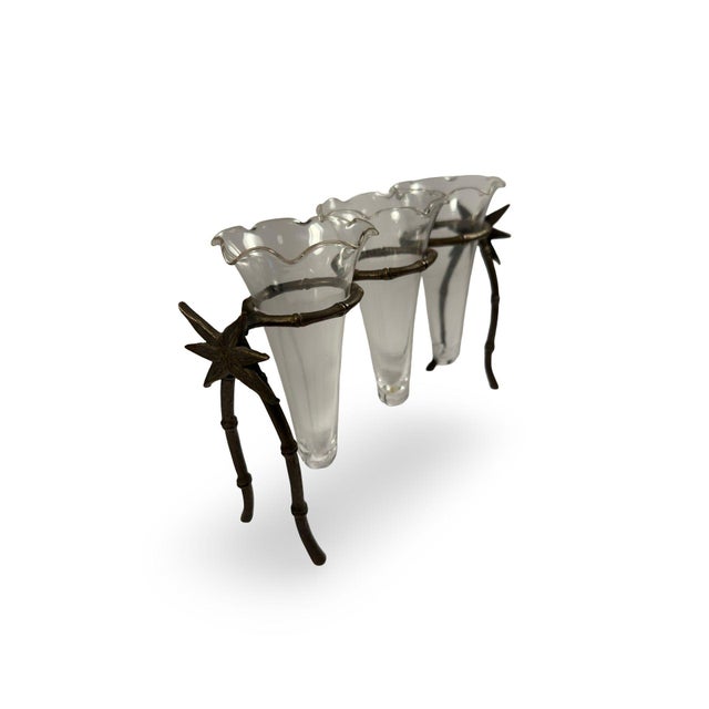 Vintage Glass Bud Vase Trio With Brass Bamboo Stand, French Style Test Tube Vases, Sculptural Floral Holder, Petite Flower Arrangement For Sale In Philadelphia - Image 6 of 10