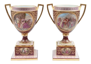 Antique Royal Vienna Porcelain Decorative Urns - a Pair