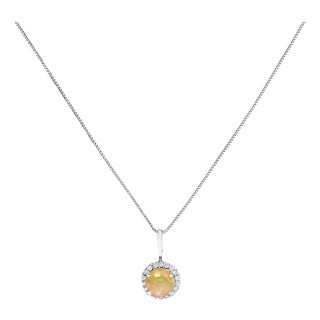 10K White Gold Opal and 1/10 Cttw Diamond Accent Halo Pendant Necklace For Sale