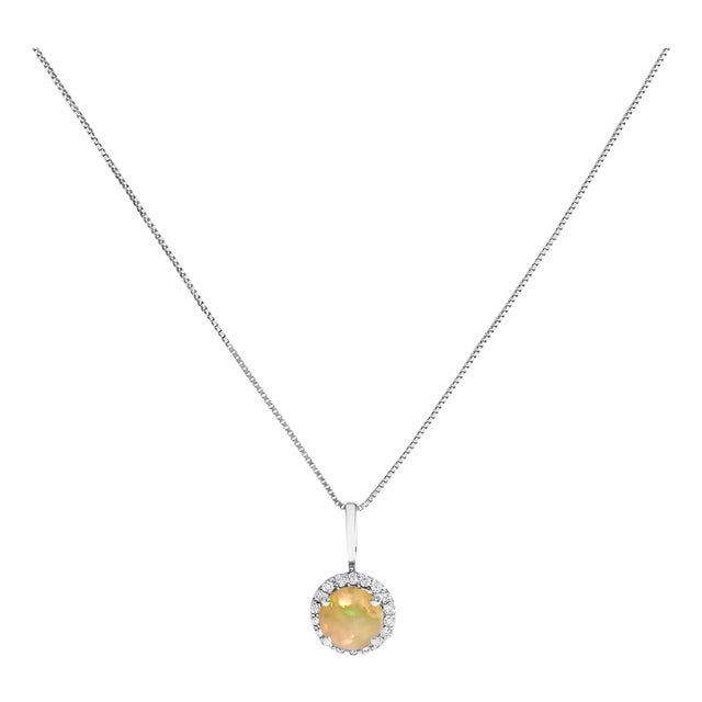 10K White Gold Opal and 1/10 Cttw Diamond Accent Halo Pendant Necklace For Sale