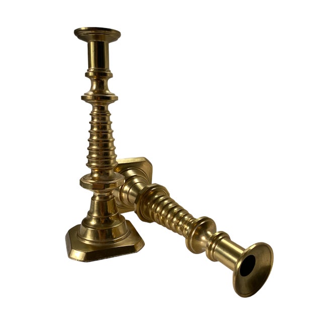 Metal 1970s Solid Brass Tall Brutalist Candlestick Holders - a Pair For Sale - Image 7 of 8