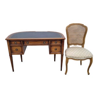1960s Sligh-Lowry Neoclassical Leather Top Demi-Lune Desk & Chair - Set of 2 For Sale