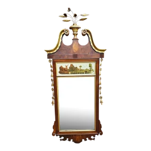Federal Satinwood Inlaid Carved Mahogany Parcel Gilt and Eglomise Painted Mirror