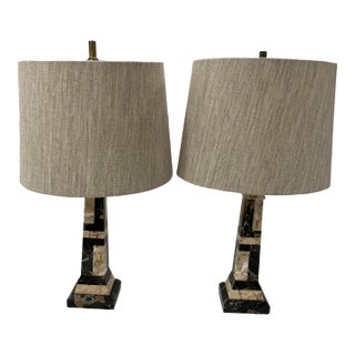 Pair of 1930s Inlay Marble Lamps For Sale