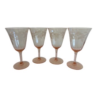 Vintage Pink Etched Wine Glasses With Grape Motif - Set of 4 For Sale