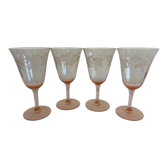 Vintage Pink Etched Wine Glasses With Grape Motif - Set of 4 For Sale
