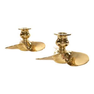 1970s Polished Bronze Propellor Nautical Industrial Candle Holders- Set of 2