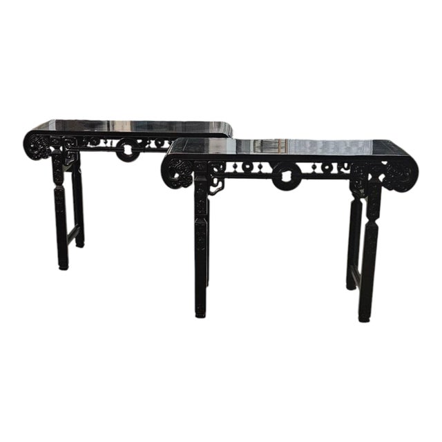 Hollywood Regency A Pair, Chinese Carved Hardwood Altar Tables 20th Century in the Manner of James Mont For Sale - Image 3 of 3