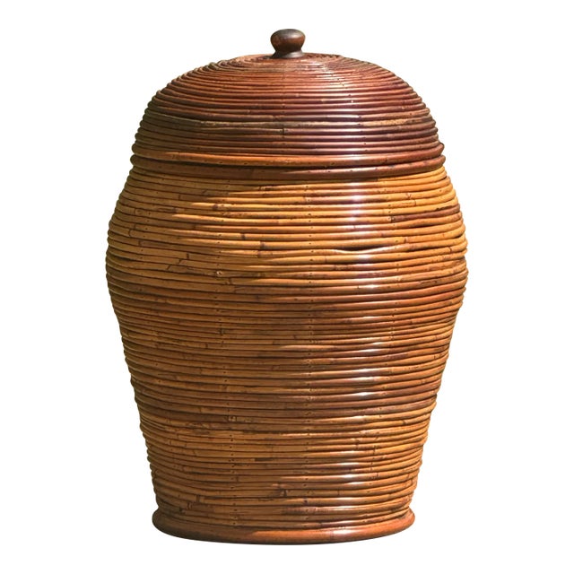 Large Vintage Crespi Style Pencil Reed Rattan Lidded Floor Basket For Sale