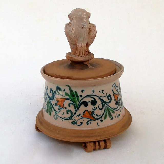 Val De Mon owl box with floral polychrome decoration on the lid, signed Val De Mon Santo Stefano