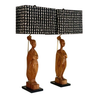 Hand Carved Wooden African Folk Art Figure Lamps and Custom Woven Shades - A Pair For Sale