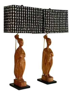 Hand Carved Wooden African Folk Art Figure Lamps and Custom Woven Shades - A Pair