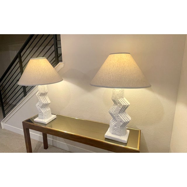 1980's Post Modern White Zig Zag Plaster Lamps by Ziggurat - A Pair For Sale - Image 11 of 12