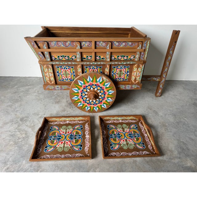 Wood Vintage Joaquin Chaverri Costa Rican Folk Art Hand-Painted Ox Cart Bar / Drinks Cabinet For Sale - Image 7 of 12