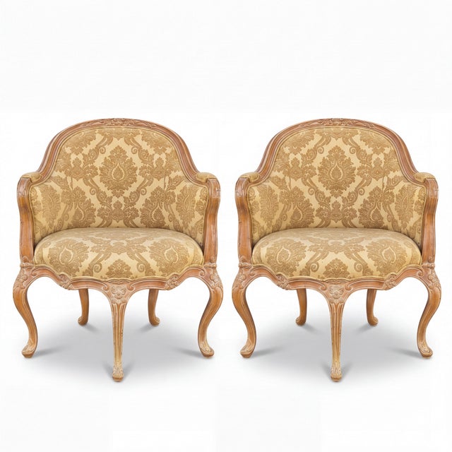 Italian Carved & Cerused Pine French Louis XV Style Bergere Chairs - Pair For Sale - Image 10 of 13