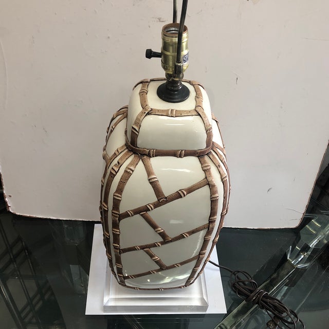 Hollywood Regency Faux Bamboo Lamp on Lucite Base For Sale - Image 3 of 13