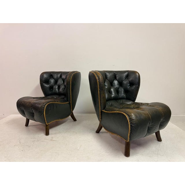 Danish Lounge Slipper Chairs in Green Patinated Leather, 1940s, Set of 2 For Sale - Image 14 of 18