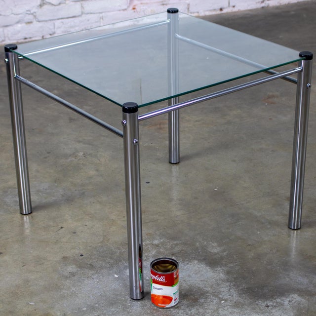 1970’s Modern Square End or Side Table by James David Cylindrical Chrome Tube Frame & Glass Top For Sale - Image 13 of 18