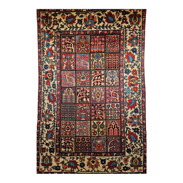 Vintage Persian Bakhtiari Rug, Hand-Knotted Wool, Allover Garden Panel Pattern, Pale Yellow & Red,5x7 For Sale