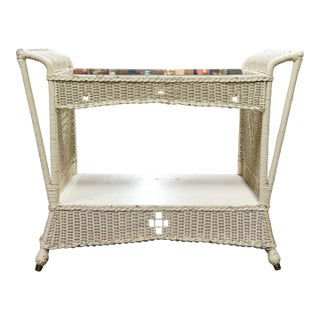 Off White Wicker Console Table With Glass Top For Sale