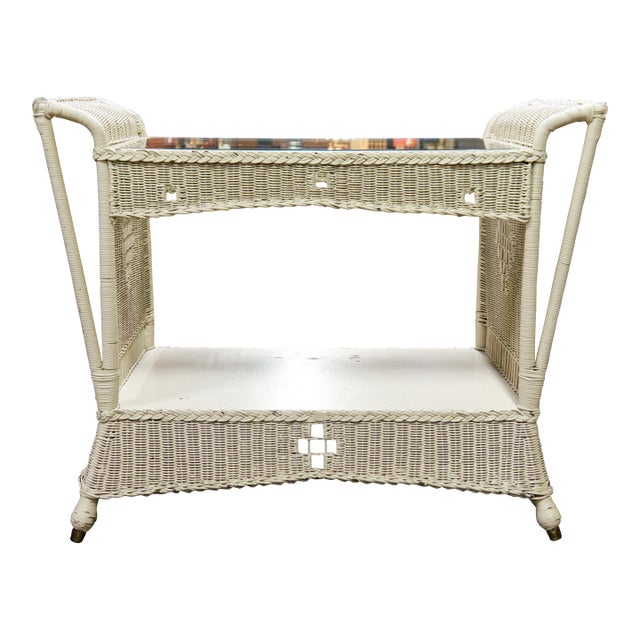 Off White Wicker Console Table With Glass Top For Sale