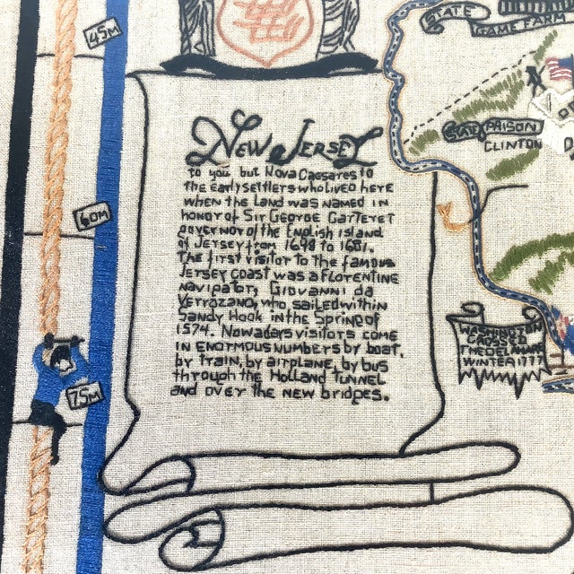 Textile 1937 Embroidered New Jersey Pictorial Map Bamberger Folk Art Textile Large 21.5x31.5” For Sale - Image 7 of 12