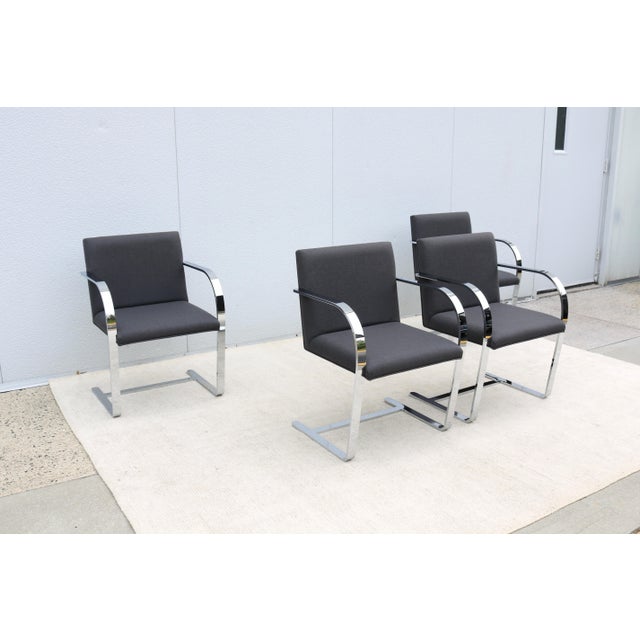 2010s Ludwig Mies Van Der Rohe Brno Flat Bar Chairs in Gray Wool by Gordon - Set of 4 For Sale - Image 5 of 18