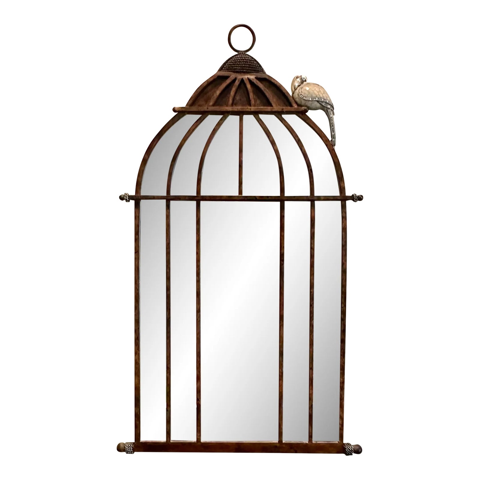 View of Vintage Horchow Bird Cage Mirror With Perched Parrot | Chairish