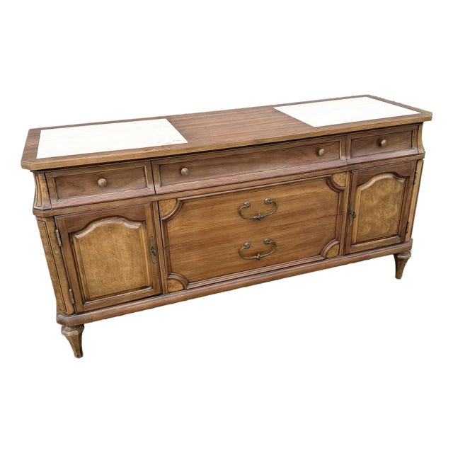 Vintage Mid Century Marble Inlaid Credenza by Thomasville For Sale