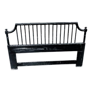 Vintage Faux Bamboo Palm Beach Regency Black Pagoda Queen Size Headboard For Sale