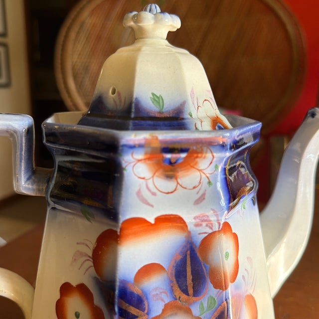 Antique Gaudy Welsh Crescent Pinwheel Flow Blue Teapot With Lid, Circa 1840s For Sale - Image 4 of 12
