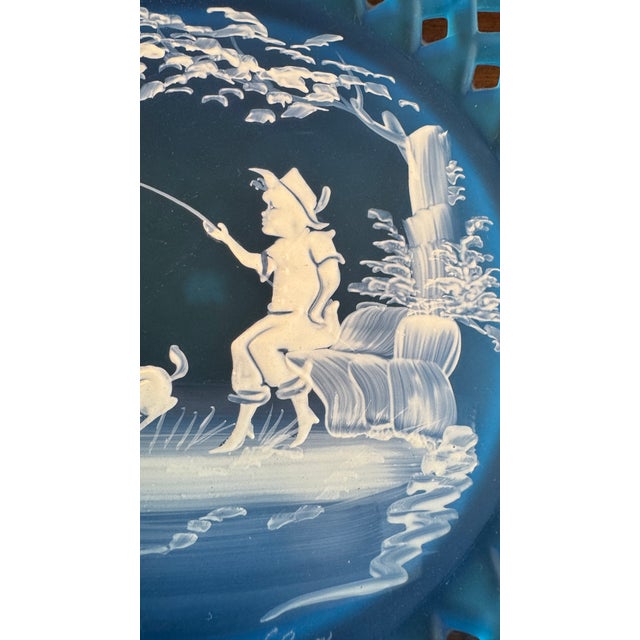 Westmoreland Blue Glass Plate – Mary Gregory Style, Signed Boy Fishing, 1973 Pristine For Sale - Image 10 of 13