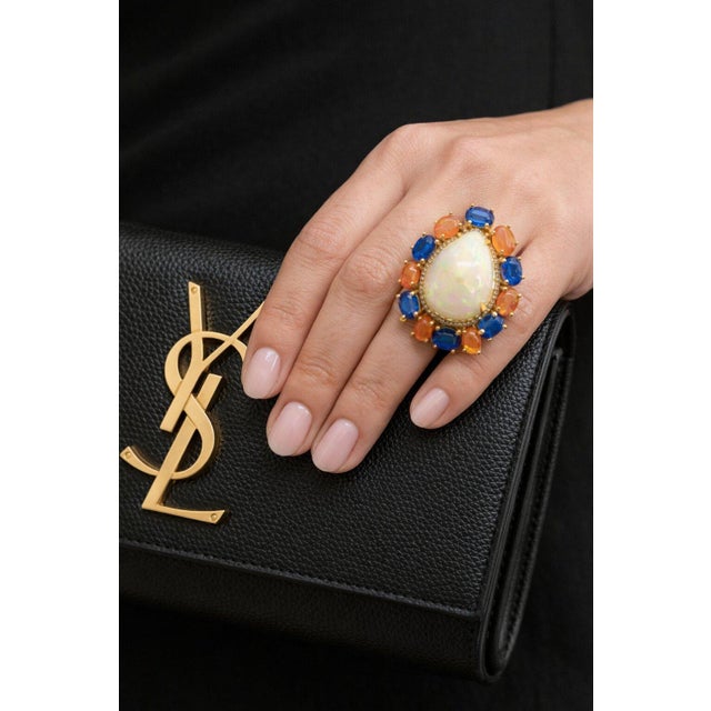 Bochic “Capri” Vintage Fire Opal, Kyanite & Diamond Cocktail Ring - 18K Gold & S For Sale - Image 11 of 13