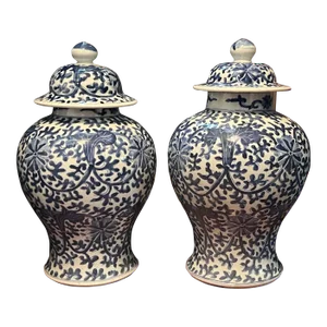 Large Antique 19th Century Chinese Export Blue & White Porcelain Vases With Covers - a Pair