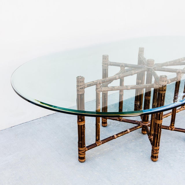 1980s McGuire Attributed Coastal Modern Bamboo & Laced Rawhide Racetrack Dining Table For Sale - Image 14 of 15