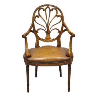 Late 20th Century Theodore Alexander Style Neoclassical Regency Carved Mahogany Leather Arm Chair For Sale