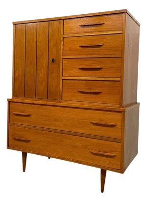 Vintage Mid Century Modern Gentleman's Chest Highboy Dresser With Cabinet and Sculpted Pulls.