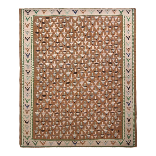 Mid-Century Vintage Kilim Rug in Brown Pink Geometric Pattern by Rug & Kilim For Sale