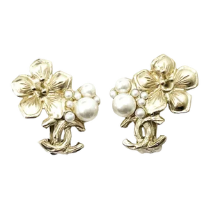 Chanel Light Gold CC Flower Pearl Clip on Earrings - 2 Pieces