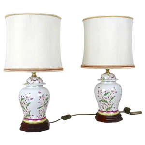 Vintage Ceramic Table Lamps with Lampshades, 1970s, Set of 2