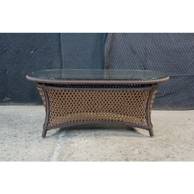Lloyd Flanders Oval Wicker Coffee Table Two Tone Patio Table With Glass Top Boho For Sale - Image 4 of 18